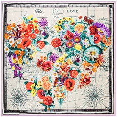 Detailed view of square silk scarf with floral heart pattern and vintage map background