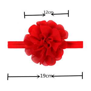 Elastic baby headband with a 12cm red chiffon flower and 19cm band size measurements