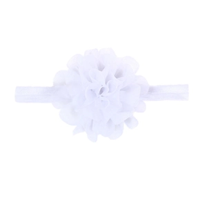 Detail of soft white chiffon flower on stretchable baby headband for newborns