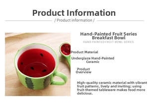 Detail of hand-painted watermelon ceramic breakfast bowl with matching spoon