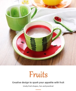 Detail of creative ceramic fruit mug set with watermelon and lime saucer and spoon