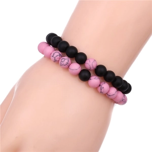8mm black matte and pink marble stone beaded distance bracelets for couples on wrist