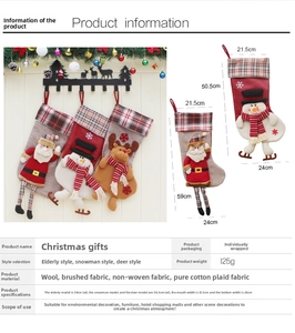 Detailed size chart for Santa, Snowman, and Reindeer Christmas stockings with measurements
