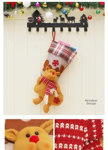 Detail of reindeer style Christmas stocking with 3D plush doll and plaid cuff trim