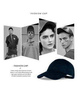 Detail of navy blue cotton baseball cap featuring six-panel structure and adjustable buckle