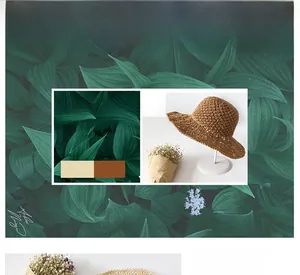 Detail view of woven straw sun hat with wavy brim on a stand with tropical background