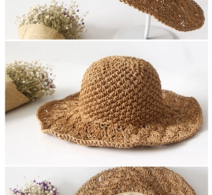 Close-up of hand-woven straw hat showing wavy brim and intricate crochet texture