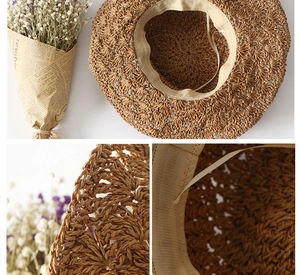 Detail of handmade crochet straw hat with adjustable inner strap and woven texture