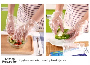 Detailed view of food-grade disposable PE gloves used for mixing fresh salad and vegetables