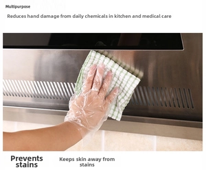 Close-up of clear disposable PE gloves protecting hands during kitchen cleaning tasks
