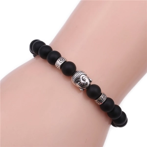 8mm black matte agate buddha head beaded bracelet shown on a wrist display