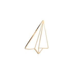 Detailed close-up of a minimalist golden wireframe paper plane enamel brooch pin