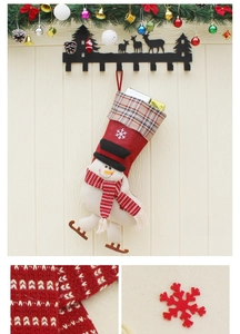 Close-up of a large snowman Christmas stocking with festive plaid trim and hanging loop