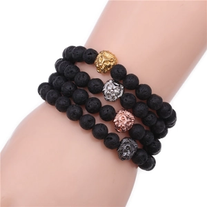 Lava stone bead bracelets with gold, silver, rose gold and gunblack lion head charms