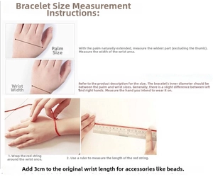 Guide for measuring blue satin heart bracelet size with wrist and palm instructions