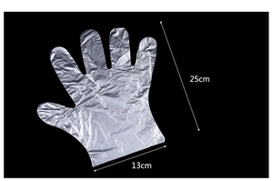 Detailed view of disposable PE glove with 25cm length and 13cm width dimensions