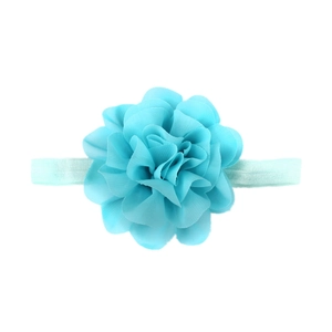 Detailed view of a blue layered chiffon flower headband with elastic fabric band
