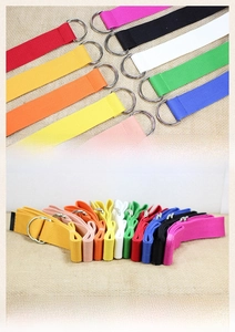 Detailed view of durable double D-ring metal buckles on vibrant canvas belts for men and women