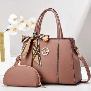 Dusty rose leather tote bag and coin purse set with elegant silk scarf accent