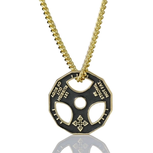 Collier pendentif disque d'haltère en acier inoxydable noir et or pour le fitness