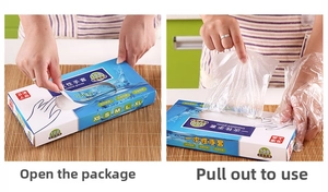 Detail showing the easy extraction of disposable PE food gloves from a box packaging