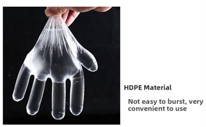 Detail showing HDPE disposable gloves with strong stretch resistance and leakproof water test