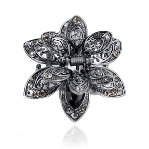 Vintage silver hollow flower hair claw with sparkling crystals and drop gemstone