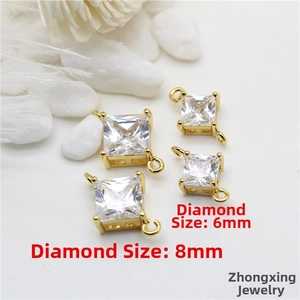 Macro detail of 14K gold plated square zircon pendants in 6mm and 8mm for DIY jewelry