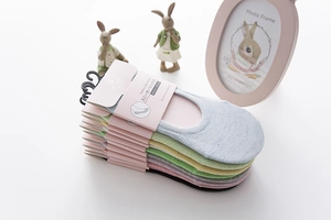 Detail of colorful cotton no-show socks in macaron tones with silicone non-slip heel grip