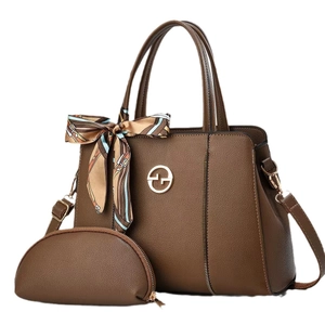 Brown lychee leather tote bag set with decorative silk scarf and matching coin purse