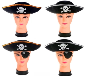 Flat pirate hat set with gold or silver trim and skull motif for Halloween party