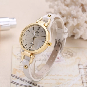 Elegant women's quartz watch with gold round case and slim white leather rivet strap