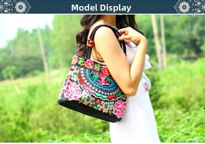 Close-up of ethnic embroidery, metallic sequins and wooden beads on a black canvas bag