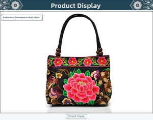 Detailed embroidery of pink peony and butterfly on ethnic canvas handbag with wooden beads