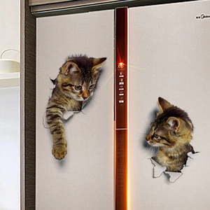 3D realistic tabby cat wall stickers with creative torn wall effect for home decoration