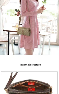 Detailed view of crossbody bag with multi-layer zipper pockets and vintage monogram pattern