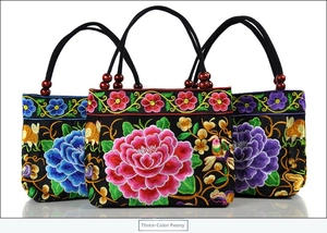 Three-color peony embroidery set of ethnic canvas handbags with wooden beads decor