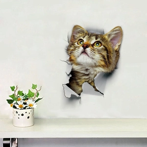 3D realistic tabby cat wall sticker with broken wall effect for living room decor