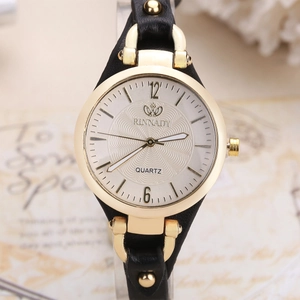 Close-up of RINNADY quartz watch featuring a gold-tone case and black leather strap