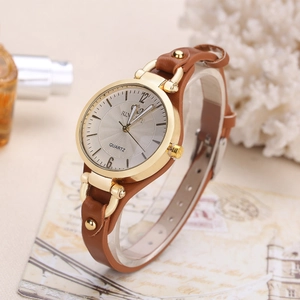 Elegant punk style women's quartz watch with brown rivet leather strap and gold case