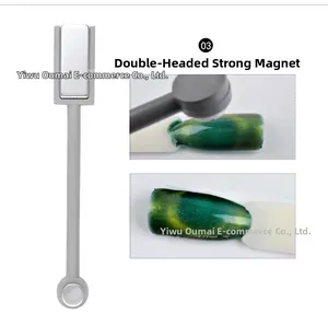 Dual-head magnetic tool creating 3D cat eye effect on green nail polish with strong magnets