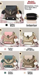 Detailed view of monogram crossbody bag in five colors with dimensions 17x10x17cm