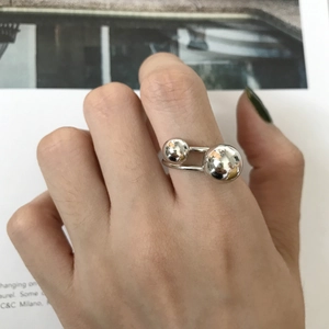 Detail of S925 sterling silver ring featuring a dual sphere design on a polished band