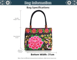 Ethnic embroidery canvas handbag size specs with 23cm height and wooden bead detail
