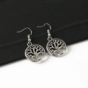 Vintage silver Tree of Life drop earrings with hollow round design and hook clasp