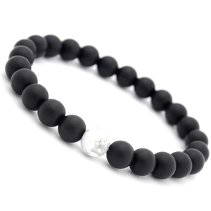 Macro shot of 8mm matte black beads and white turquoise stone on a stretch bracelet