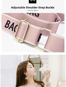 Detail of adjustable pink fabric strap with BAG print and gold metal buckle on crossbody bag