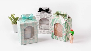 Three gift boxes with cactus and geometric patterns featuring PVC window and ribbon bows