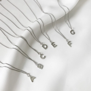 Detailed view of 925 sterling silver necklaces featuring alphabet letter pendants A to G