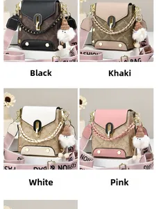 Collage of mini crossbody bags in four colors with vintage patterns and plush keychains